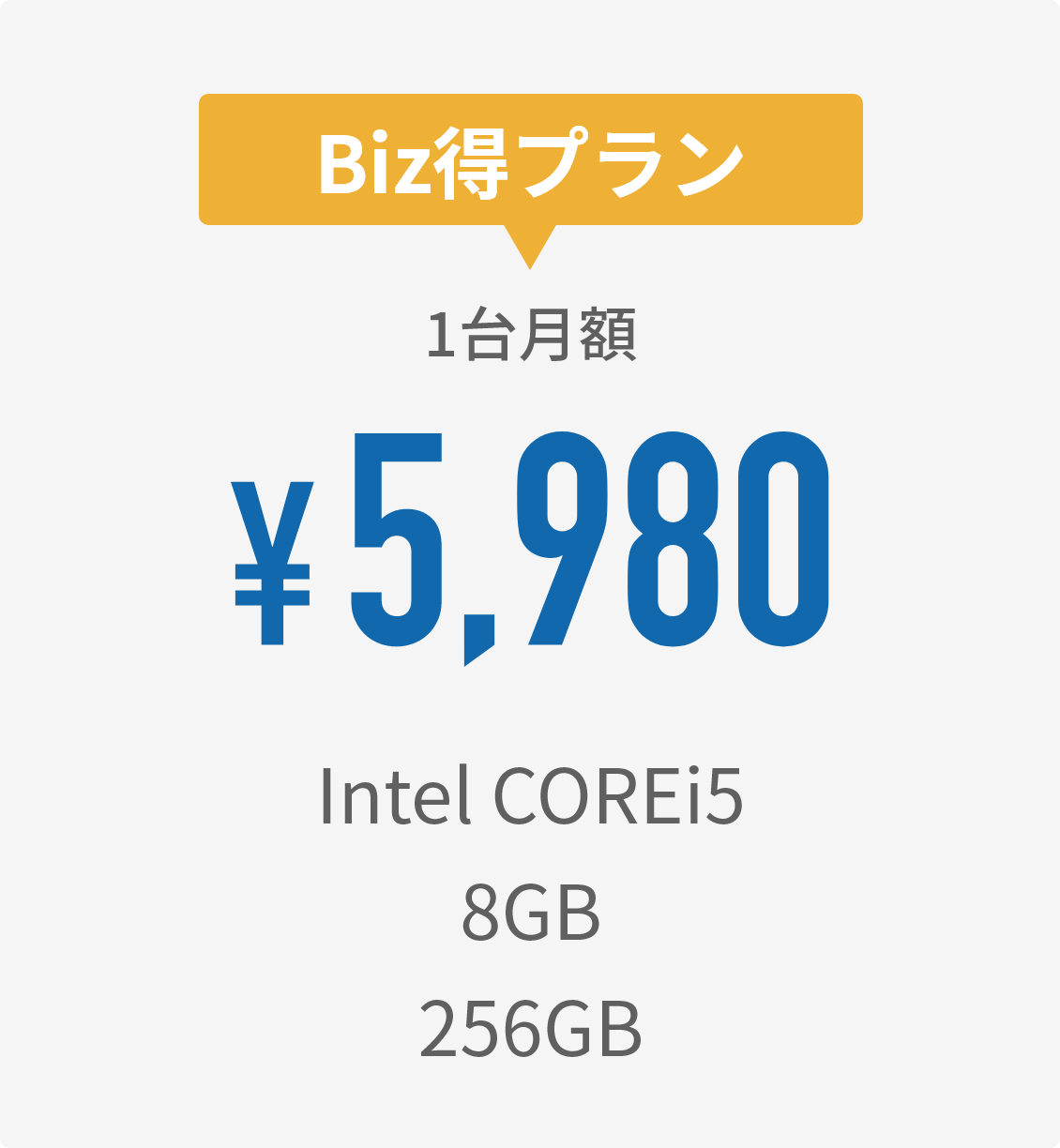 Biz得プラン。1台月額￥5980-。Intel COREi5,8GB,256GB